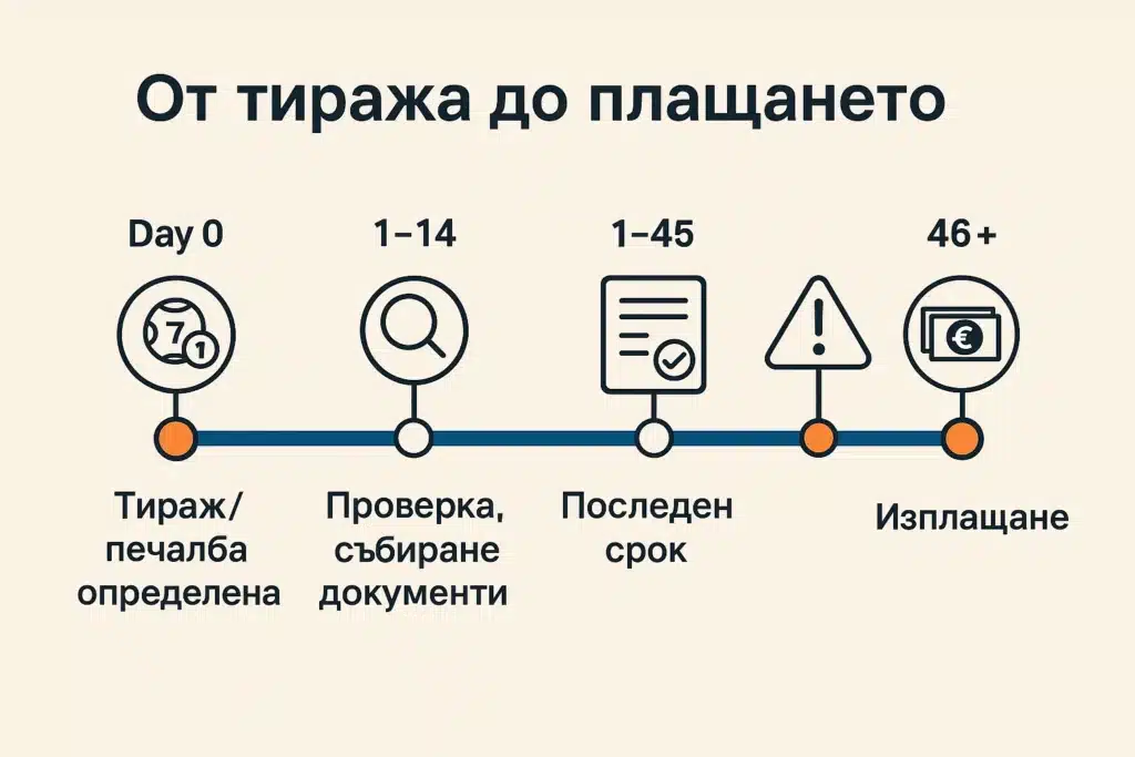 Хоризонтална линия на времето: Ден 0 тираж, Ден 1–14 проверка, Ден 1–45 крайни документи, Ден 46+ изплащане.
